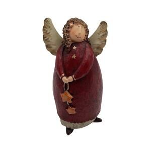 Charming Curly Haired Angel Figurine in Red Robe Holding Stars